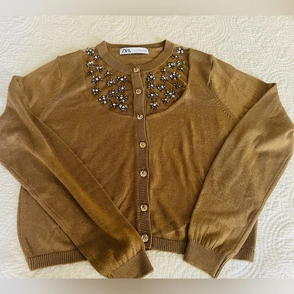 Zara Jeweled Chest Brown Cardigan - Picture 3 of 4
